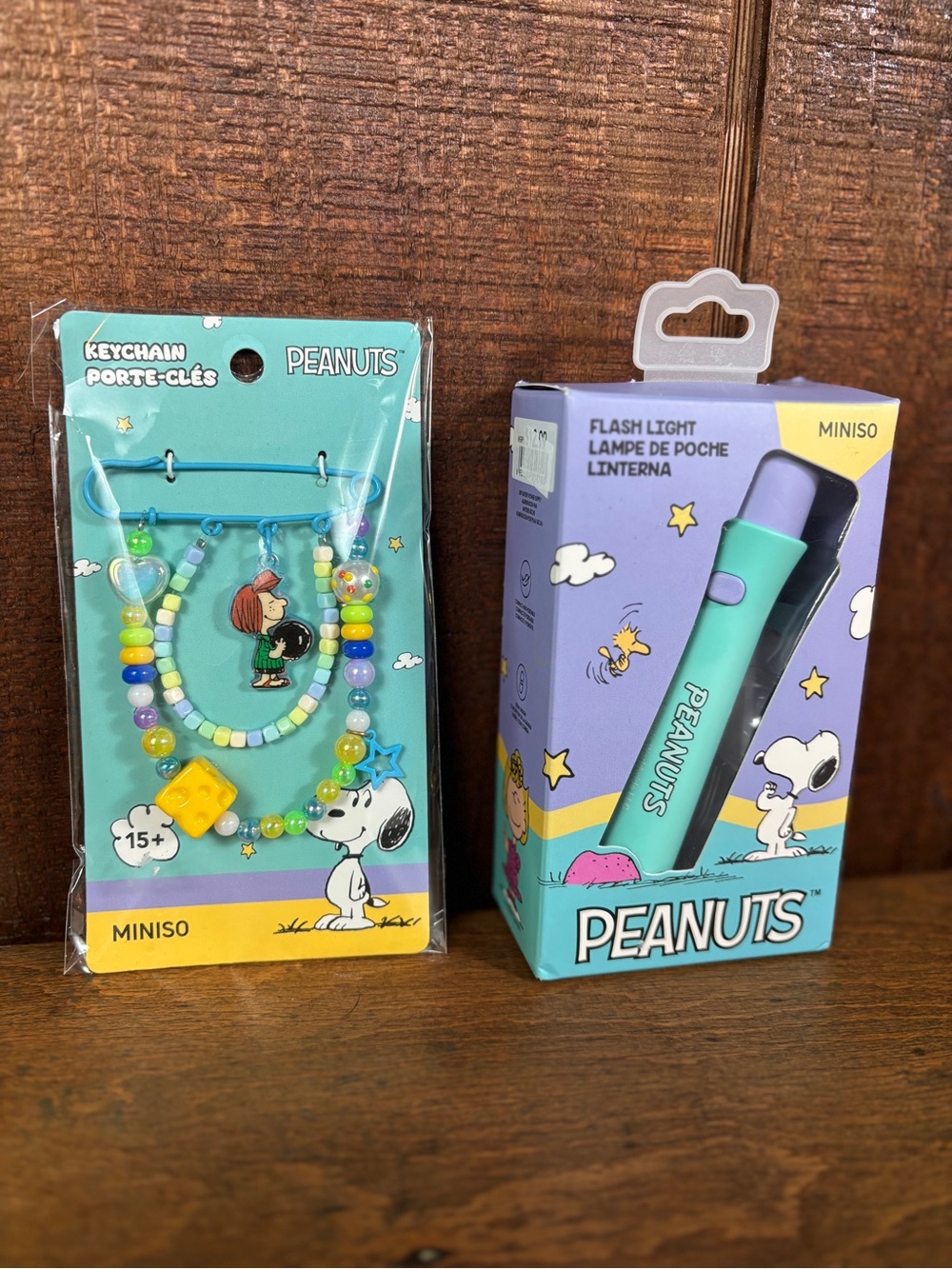 Peanuts Snoopy Miniso Teal and Multicolor Beaded Keychain with Teal Flashlight